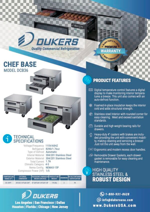 Dukers DCB36-D2 Chef Base Refrigerator with 2 Drawers