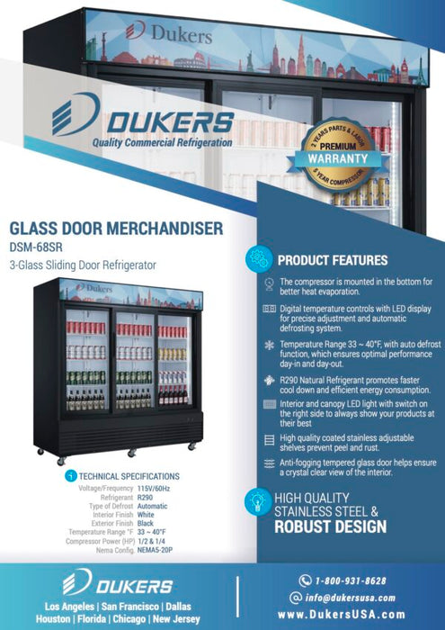 Dukers DSM-68SR Commercial Glass Sliding 3-Door Merchandiser Refrigerator