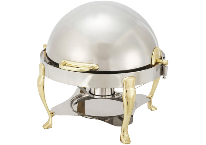 WINCO Vintage Stainless Steel/Gold Accent Round Roll Top Chafer, Model 308A, 6 Qt.