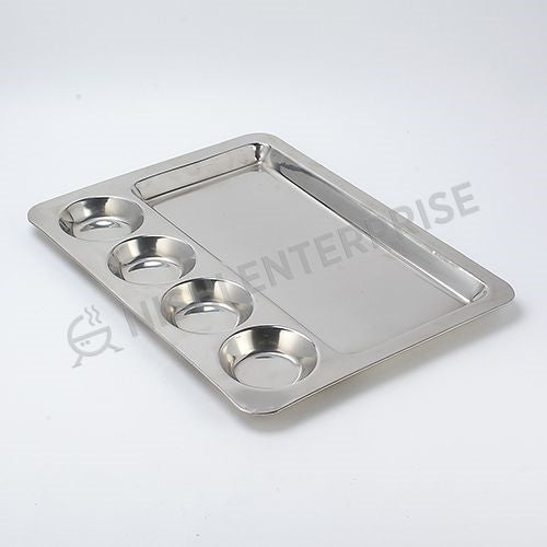 Stainless Steel Rectangular Dosa Compartment Tray / Thali  with 4-Bowls and 1-compartment- 16 Inch