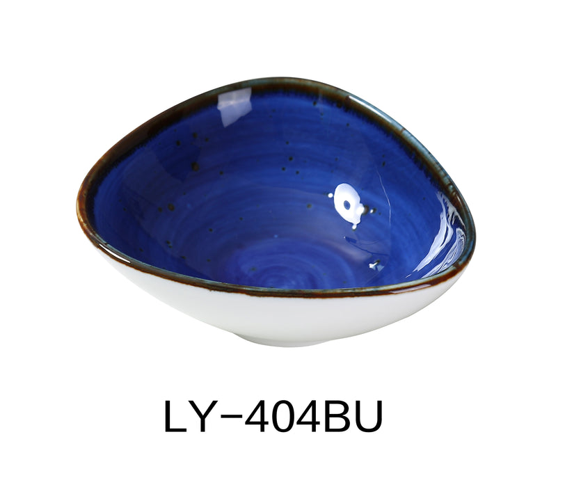 Yanco LY-404BU Lyon 4 3/4" x 4 3/8" x 1 5/8" Triangle Sauce Bowl, Blue, 5 Oz, Reactive Glaze, China, Pack of 36