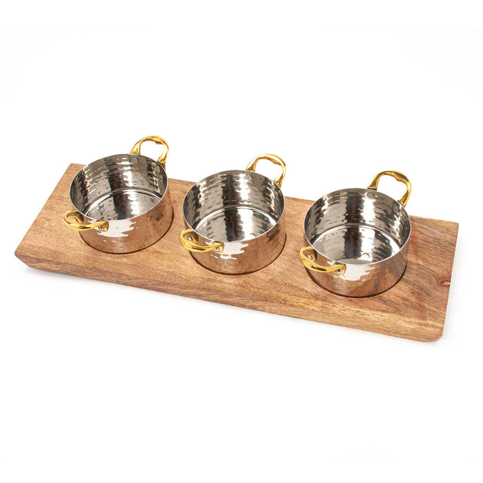 Stainless Steel 3 Hammered Sauce Pan Server with Brass Handles on Wooden Under Liner