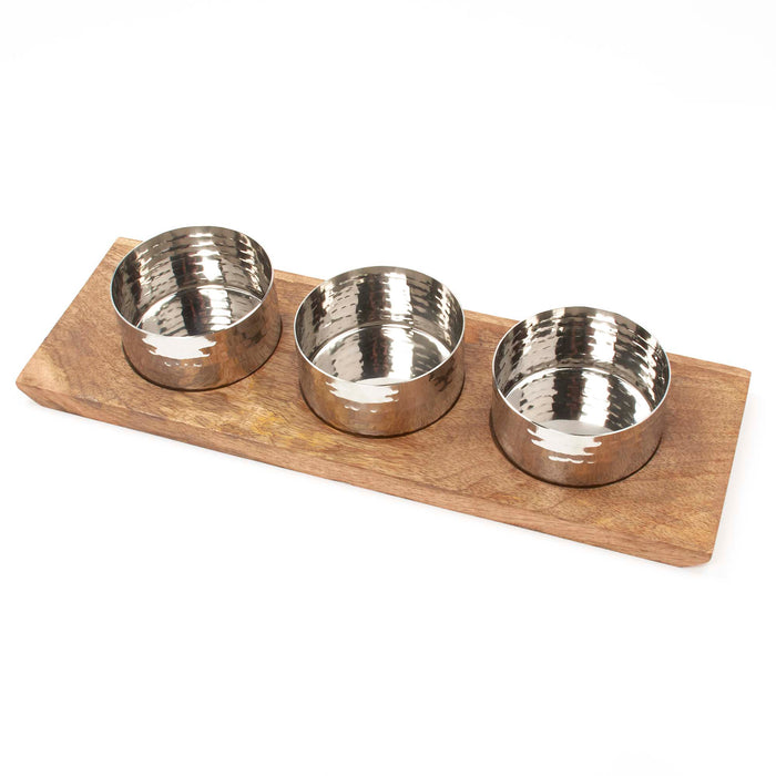 Stainless Steel 3 Hammered Sauce Pan Server with Wooden Under Liner