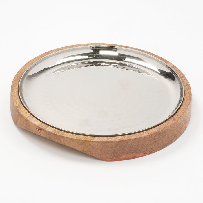 Hammered Stainless Steel Round Platter with Natural wooden Underliner- 9 Inches (22.8 cm)