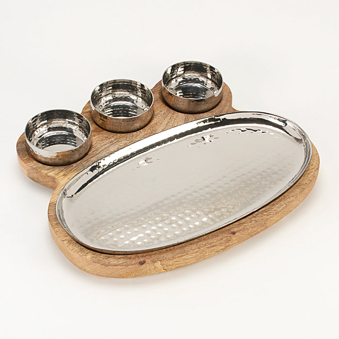 Hammered Stainless Steel Oval Platter with Wooden Underliner and 3 Round Bowls