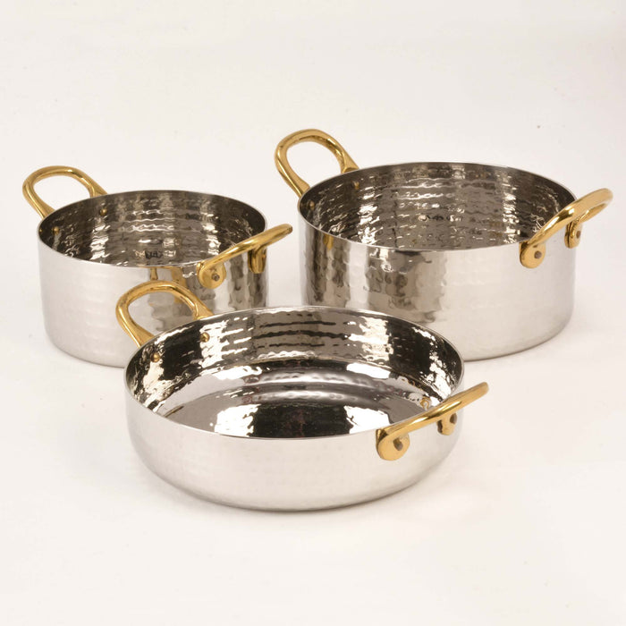 Hammered Stainless Steel Sauce Pan serving bowls with Brass Handles - 28 Oz.
