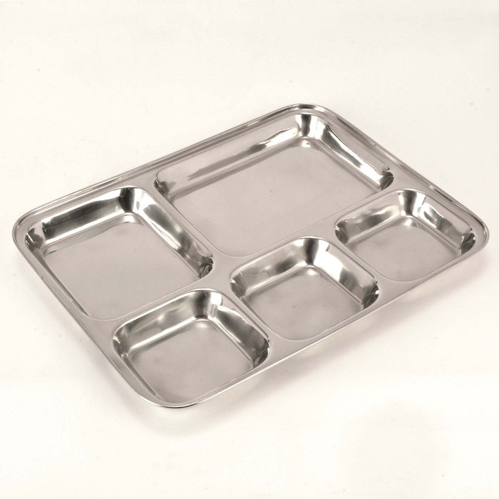 Stainless Steel Rectangular Compartment Plate / Thali with 5 Square compartments - 13 Inch