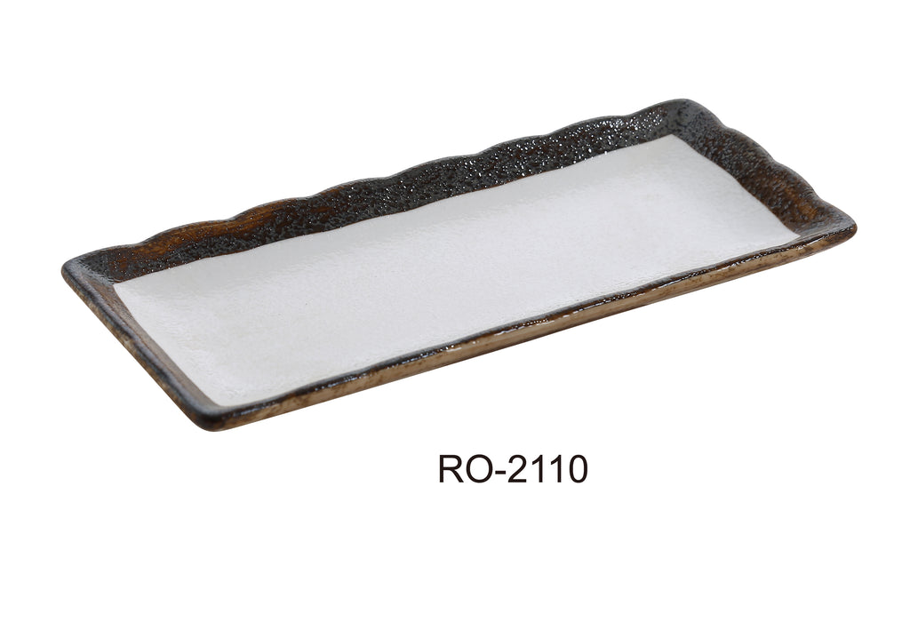 Yanco RO-2110 ROCKEYE 10" x 4 1/4" Rectangular Sushi Plate, China, Two-Tone, White & Brown, Pack of 24