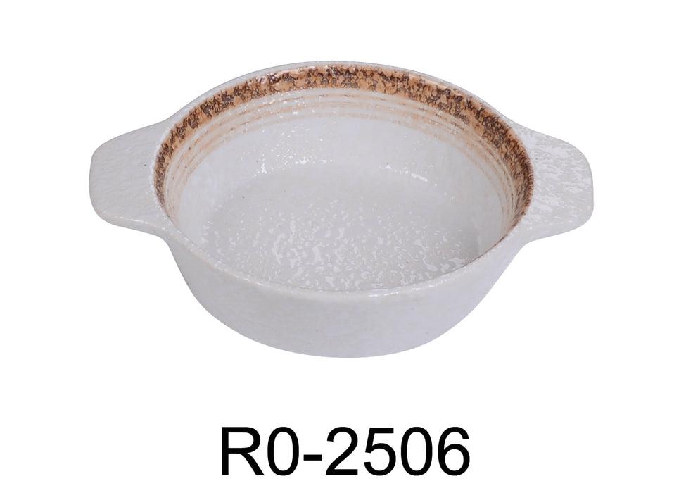 Yanco RO-2506 ROCKEYE-2 6 1/2" x 5" x 1 1/2" Bake Dish With Ear, 7 Oz, China, Round, White & Brown, Pack of 36
