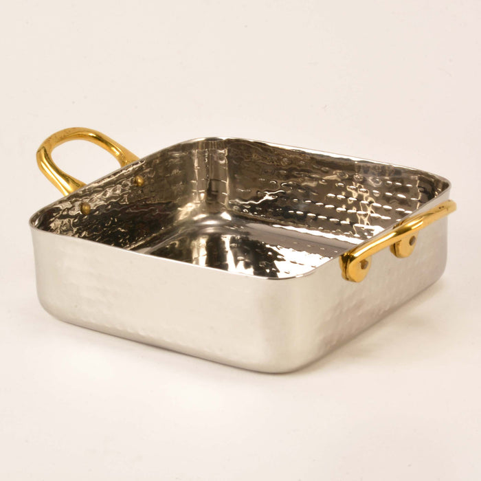 Hammered Stainless Steel Square Serving Bowl with 2 Brass Handles - 20 Oz.