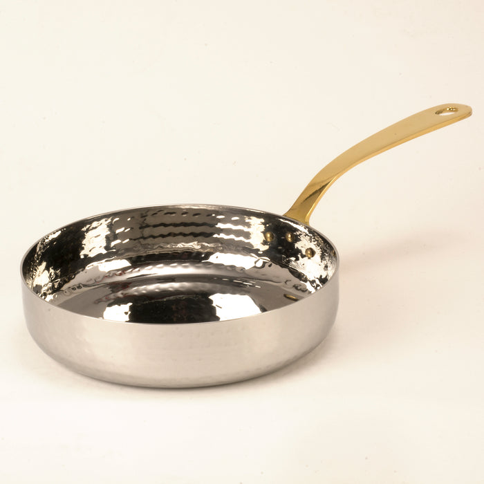 Hammered Stainless Steel Fry Pan serving bowl with Brass Handle - 18 Oz.