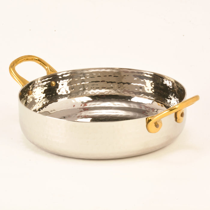 Hammered Stainless Steel Round Serving Bowl Fry Pan with Brass Wire Handles - 18 Oz.