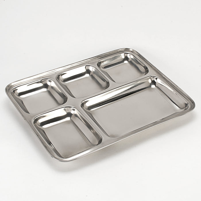 Stainless Steel Rectangular Compartment Plate / Thali with 5 Square compartments - 13 Inch
