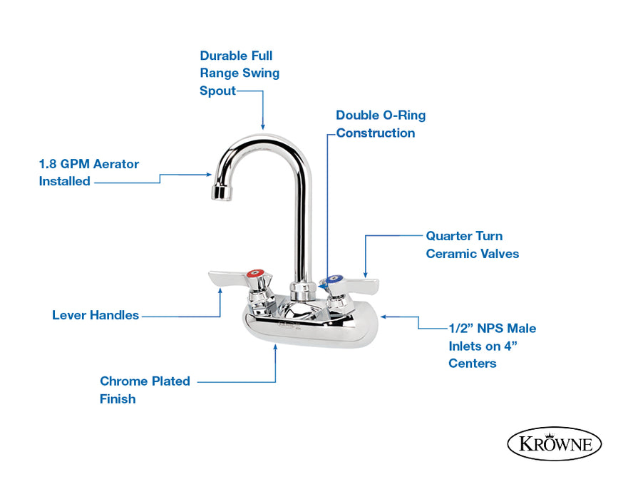 Krowne 10-435L-W, Silver Series 4" Center Wall Mount Faucet with 4-1/2" Wide Double Bend Spout & Vandal Resistant Wrist Blades Handles
