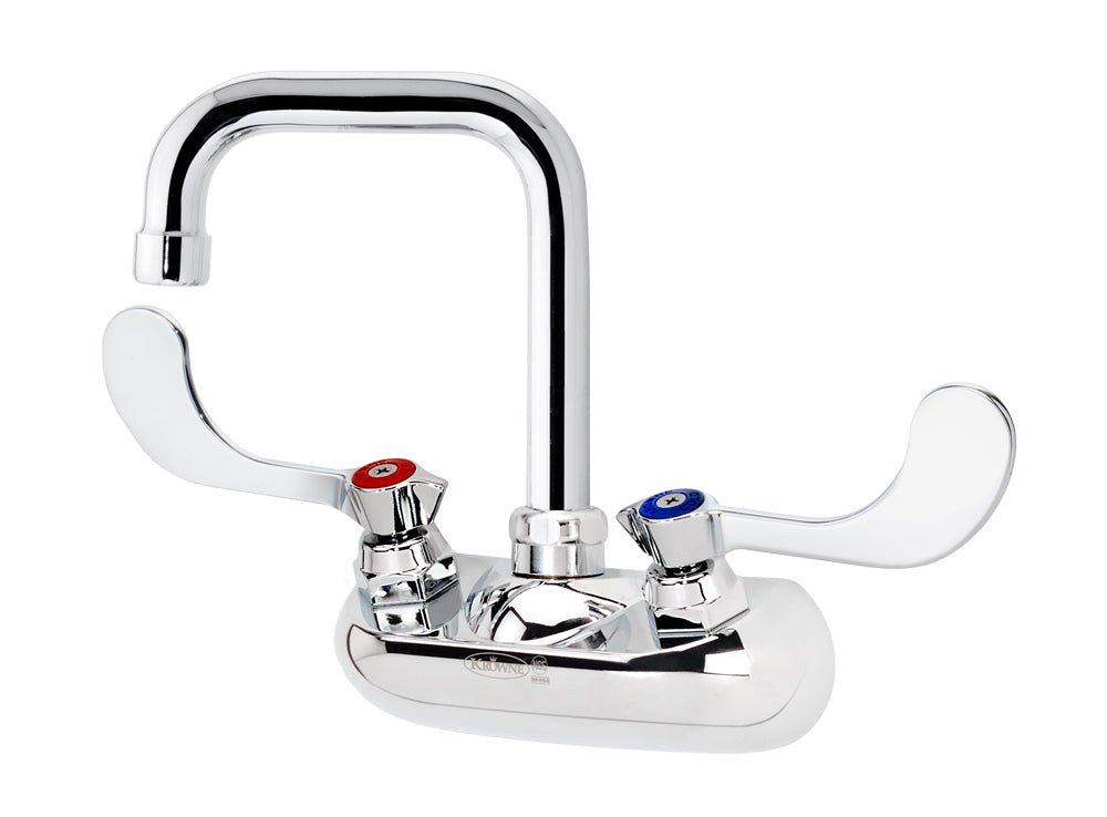 Krowne 10 - 435L - W, Silver Series 4" Center Wall Mount Faucet with 4 - 1/2" Wide Double Bend Spout & Vandal Resistant Wrist Blades Handles