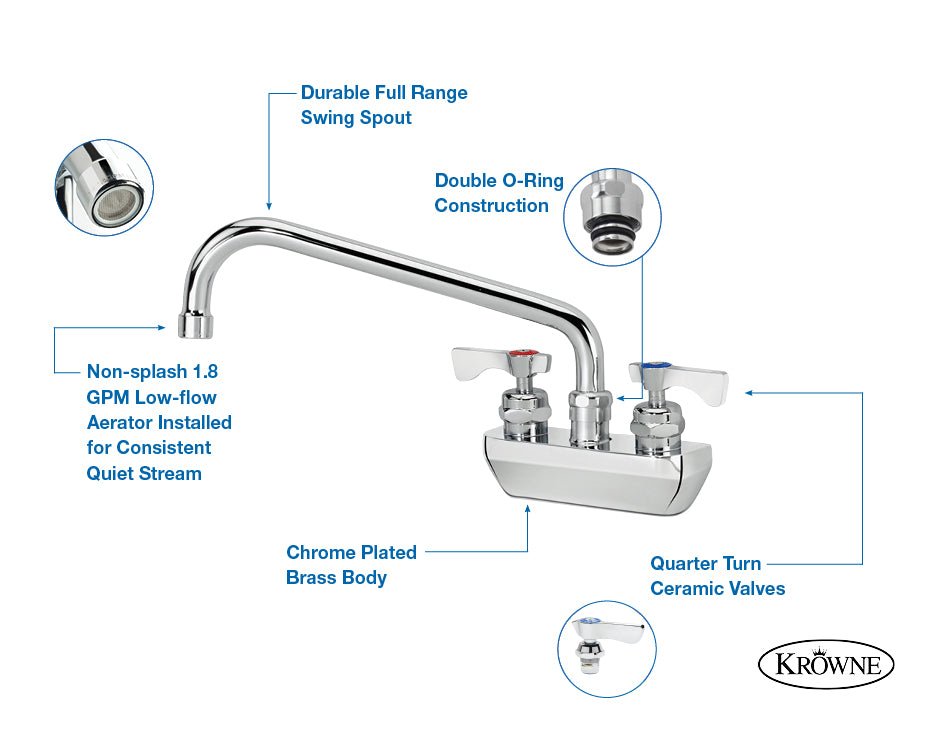 Krowne 14 - 408L, Royal Series 4" Center Wall Mount Faucet with 8" Spout