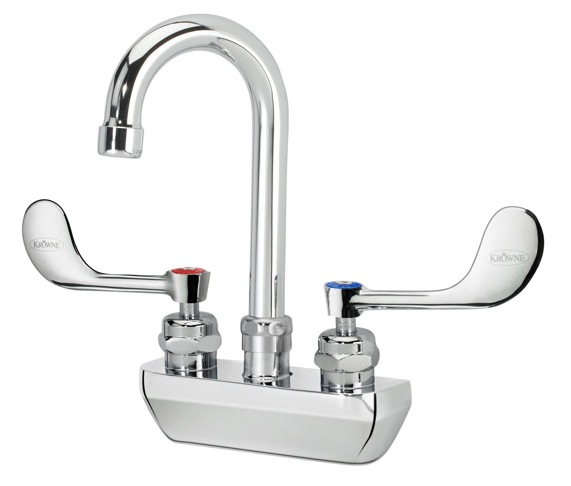 Krowne 14 - 400L - W - E2, Royal Series 4" Center Wall Mount Faucet with 3 - 1/2" Wide Gooseneck Spout & Vandal Resistant Wrist Blades Handles