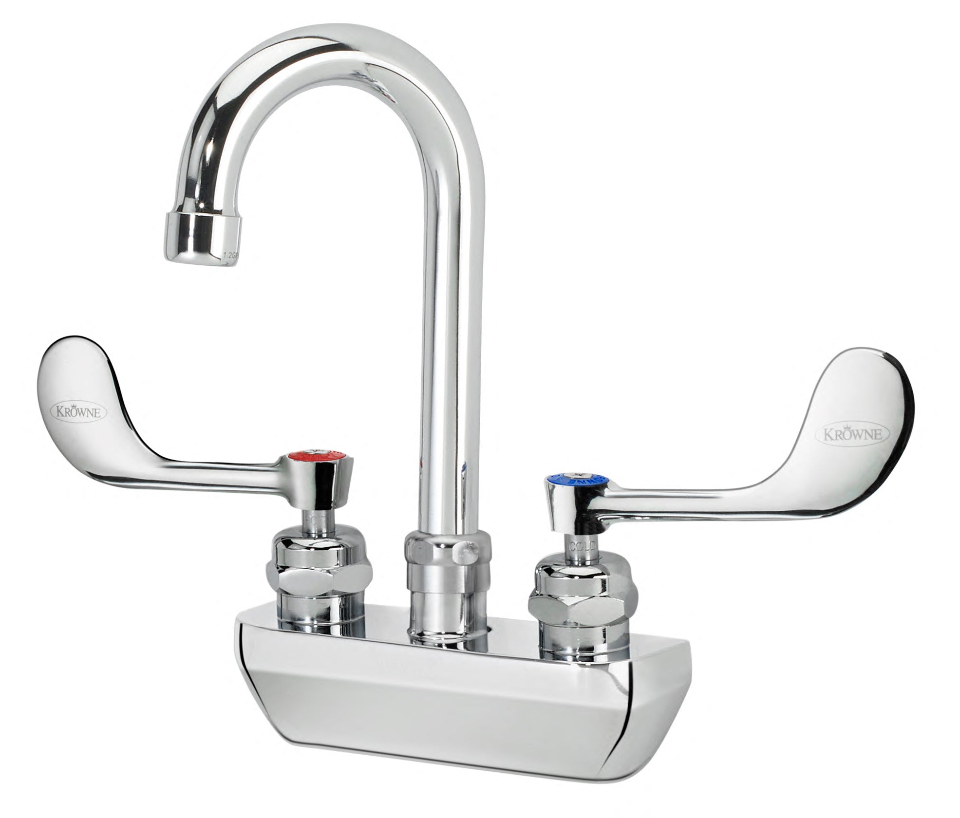 Krowne 14 - 400L - W - E2, Royal Series 4" Center Wall Mount Faucet with 3 - 1/2" Wide Gooseneck Spout & Vandal Resistant Wrist Blades Handles