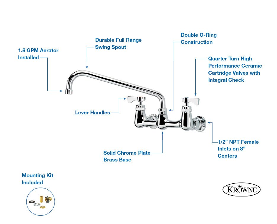 Krowne 14 - 810L, Royal Series 8" Center Wall Mount Faucet with 10" Spout