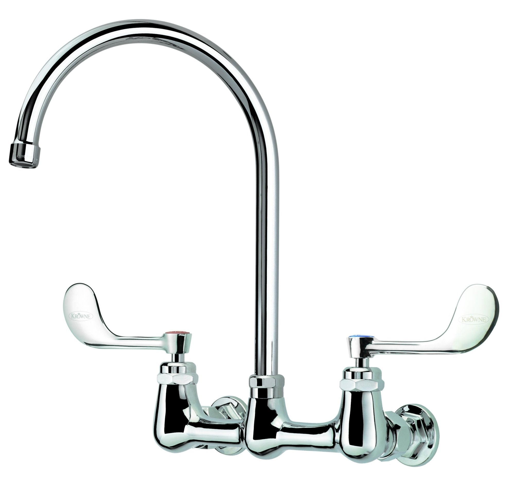 Krowne 14 - 802L - W - E4, Royal Series 8" Center Wall Mount Faucet with 8 - 1/2" Wide Gooseneck Spout & Vandal Resistant Wrist Blades Handles