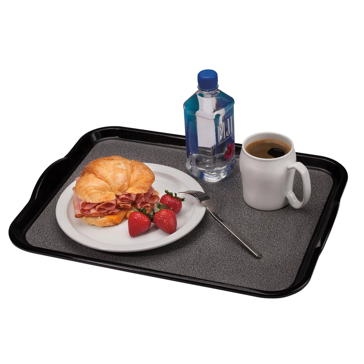Cambro 1418VCH382 Non-Skid Versa Camtray with Handles, 18" x 14" - Black w/ Pebbled Black