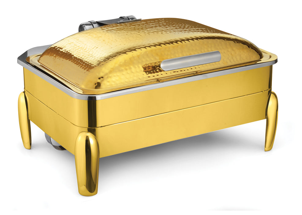 Gold Coated Hammered Stainless Steel Full Size Hinged Top Chafer - 9 Qt.