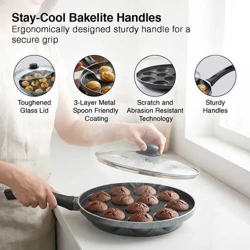 Prestige Omega Select Plus 12 Pits Paniyarakkal with Lid 24 cm Diameter (Aluminium, Non-stick)