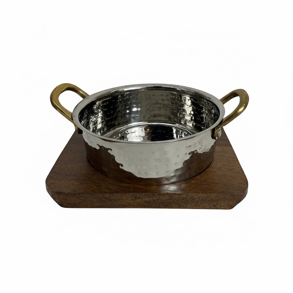 Serving sauce pan with brass handles and wood liner by Nishi Enterprise Inc (serving-sauce-pan-with-brass-handles-and-wood-liner)