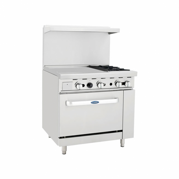 ATOSA AGR-2B24GL, 36" Combination Gas Range. (2) 32,000 B.T.U. Burners and 24" Griddle on the LEFT with (1) 26" 1/2 Wide Oven, 2 Oven Racks (Castors Included)