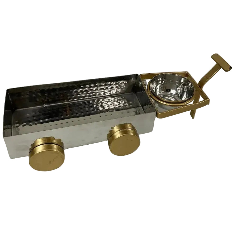 Hammered stainless steel serving cart with brass wheels and handle by Nishi Enterprise Inc (hammered-stainless-steel-serving-cart-with-brass-wheels-and-handle)
