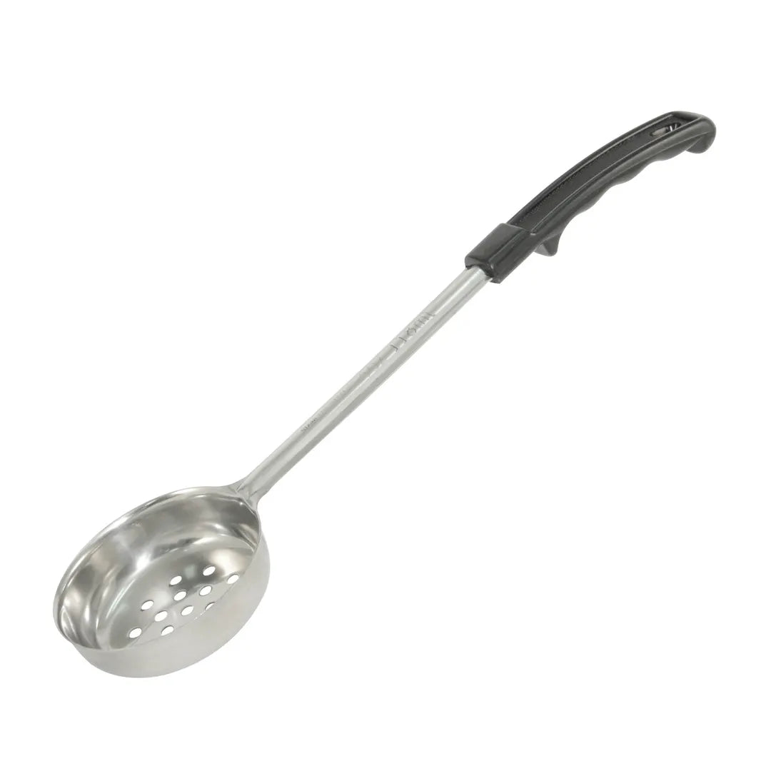 CAC China SPCP-8K 8 oz. Perforated Stainless Steel Portion Spoon with Black Handle Product Image