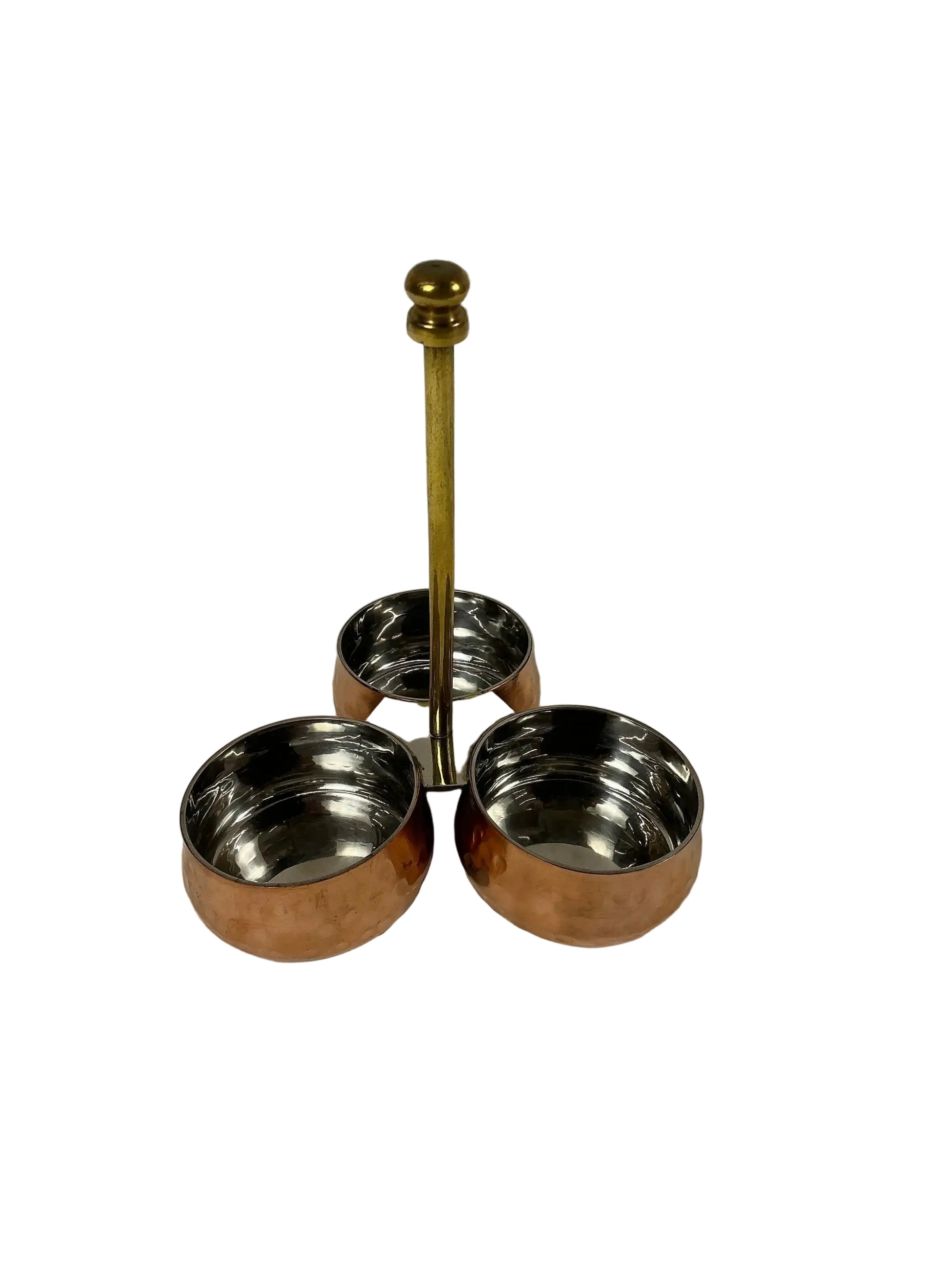 Copper Stainless Steel Pickles Stand - 3 Bowl with Brass Stand Top Down