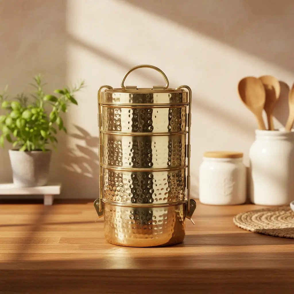 Hammered gold finish Stainless steel 4 tier lunch box/ tiffin by Nishi Enterprise Inc (hammered-gold-finish-stainless-steel-4-tier-lunch-box-tiffin)