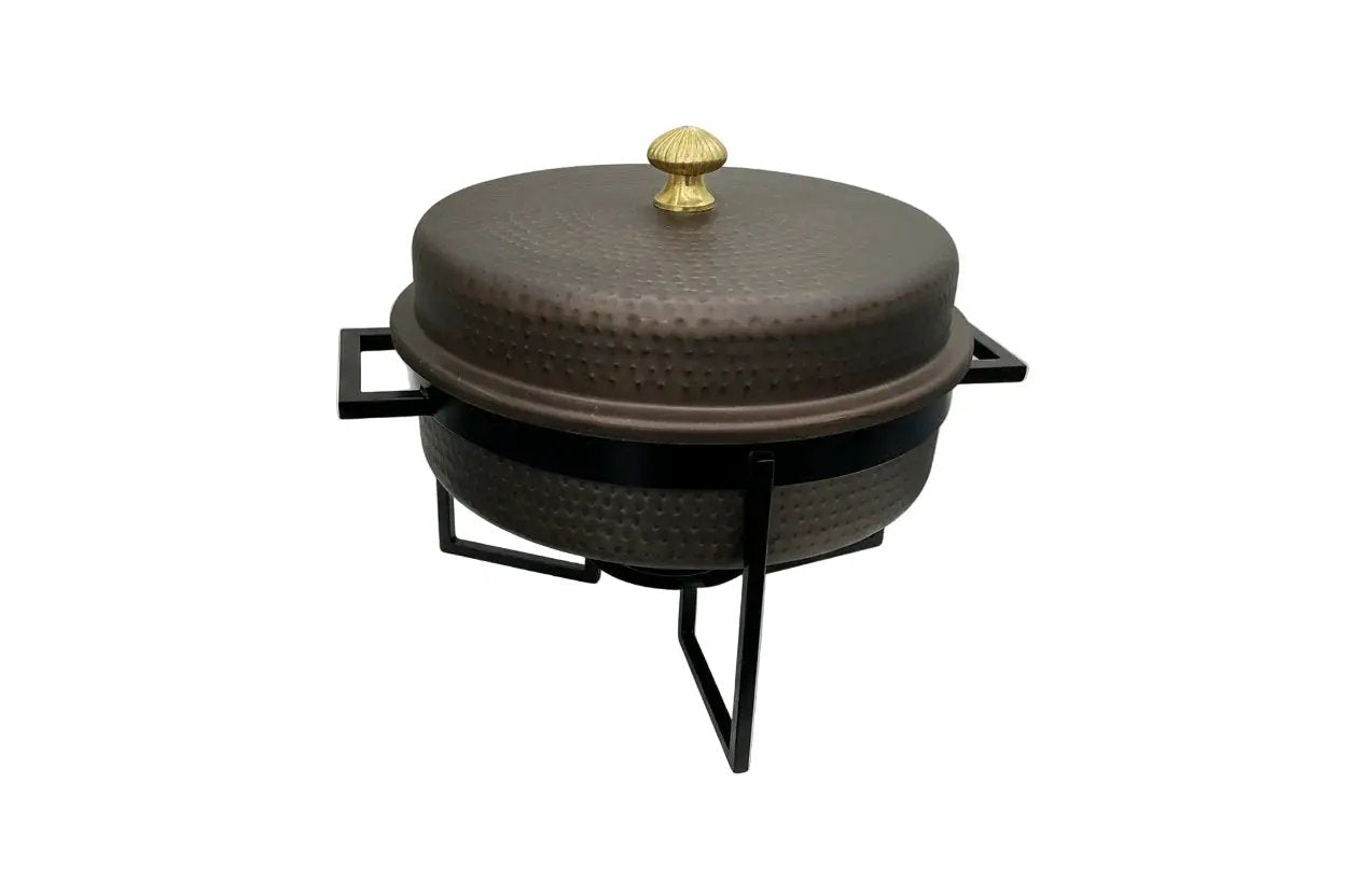 Hammered Antique Copper Chafing Dish with Black Stand and Gold-Color Knob by Nishi Enterprise Inc (hammered-antique-copper-chafing-dish-with-black-stand-and-gold-color-knob)