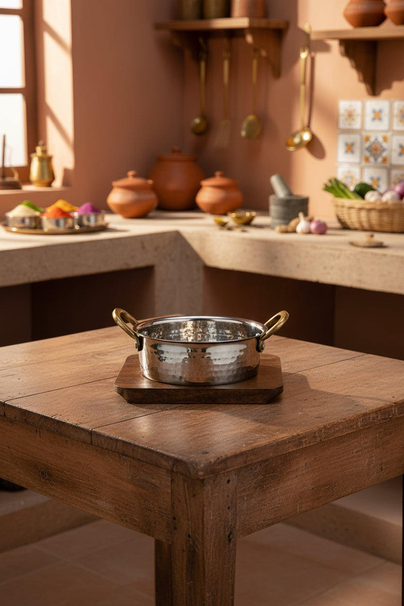 Serving sauce pan with brass handles and wood liner by Nishi Enterprise Inc (serving-sauce-pan-with-brass-handles-and-wood-liner)