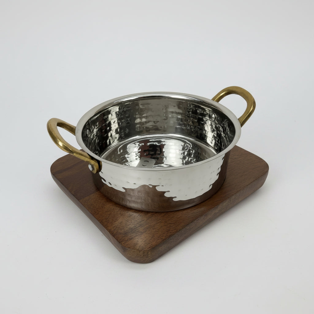 Serving sauce pan with brass handles and wood liner by Nishi Enterprise Inc (serving-sauce-pan-with-brass-handles-and-wood-liner)