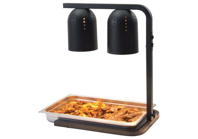 Electric Heat Lamp, Steel Base, Aluminum Light Hood, Two 250 W Bulbs, Black