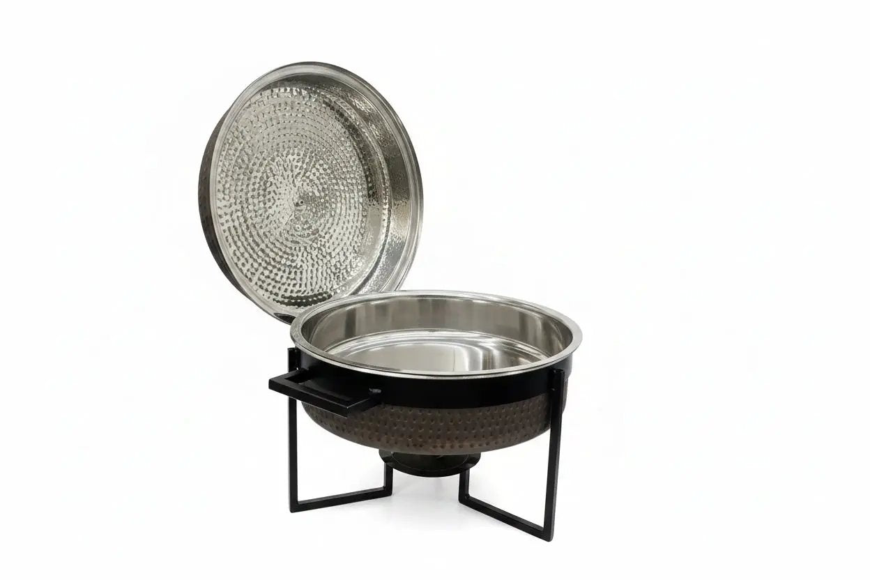 Hammered Antique Copper Chafing Dish with Black Stand and Gold-Color Knob Product Image