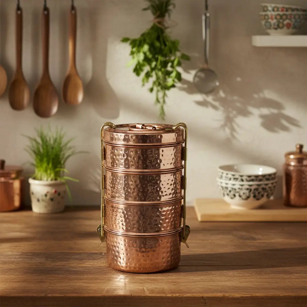 Hammered Copper Plated Stainless Steel 4 Tier Lunch Box/Tiffin In Kitchen