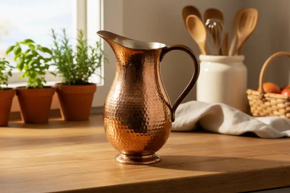Hammered Copper Surahi Water Pitcher - 64 Oz. On Countertop