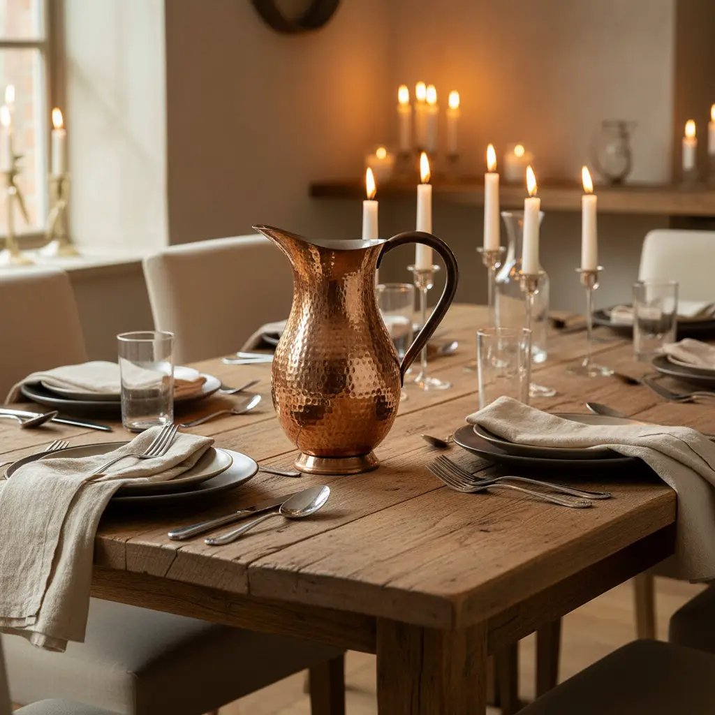 Hammered Copper Surahi Water Pitcher - 64 Oz. On Table