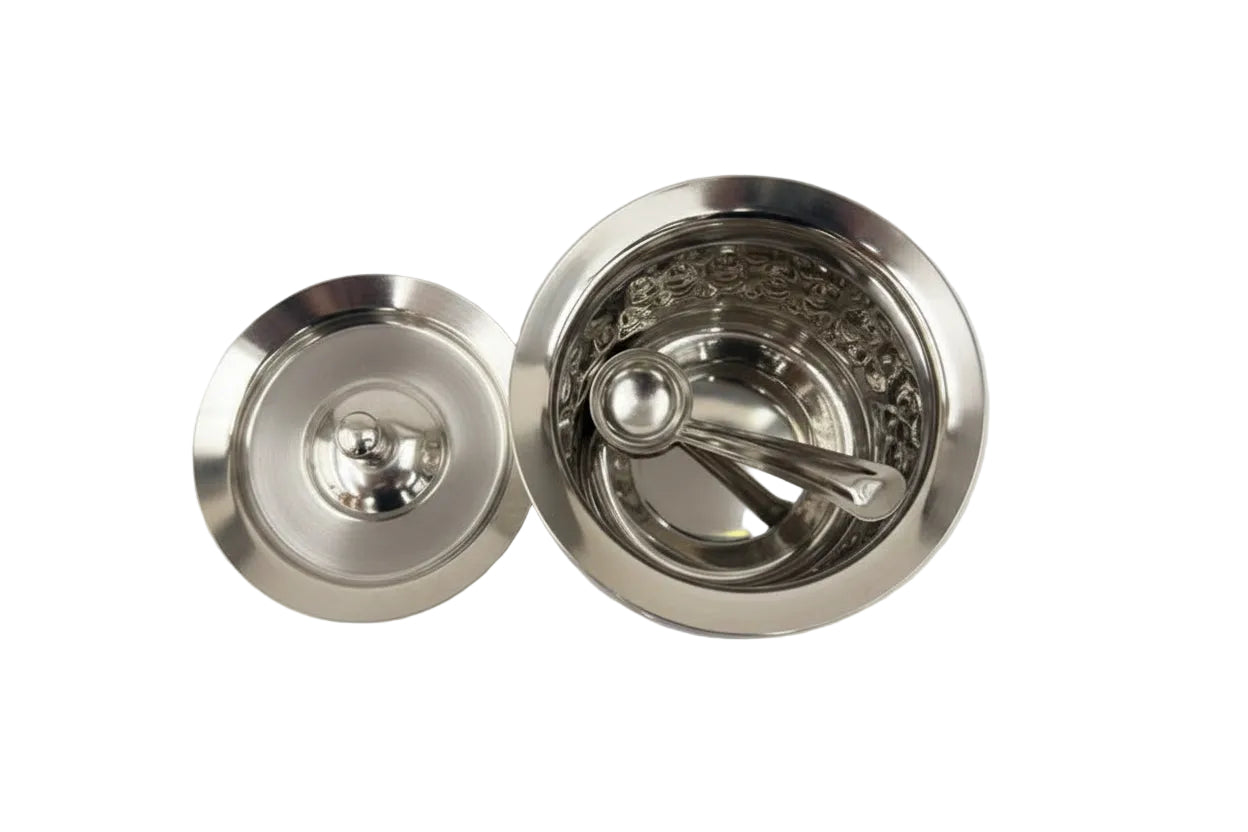 Hammered Stainless Steel Ghee Pot with Spoon and Lid Overhead Image
