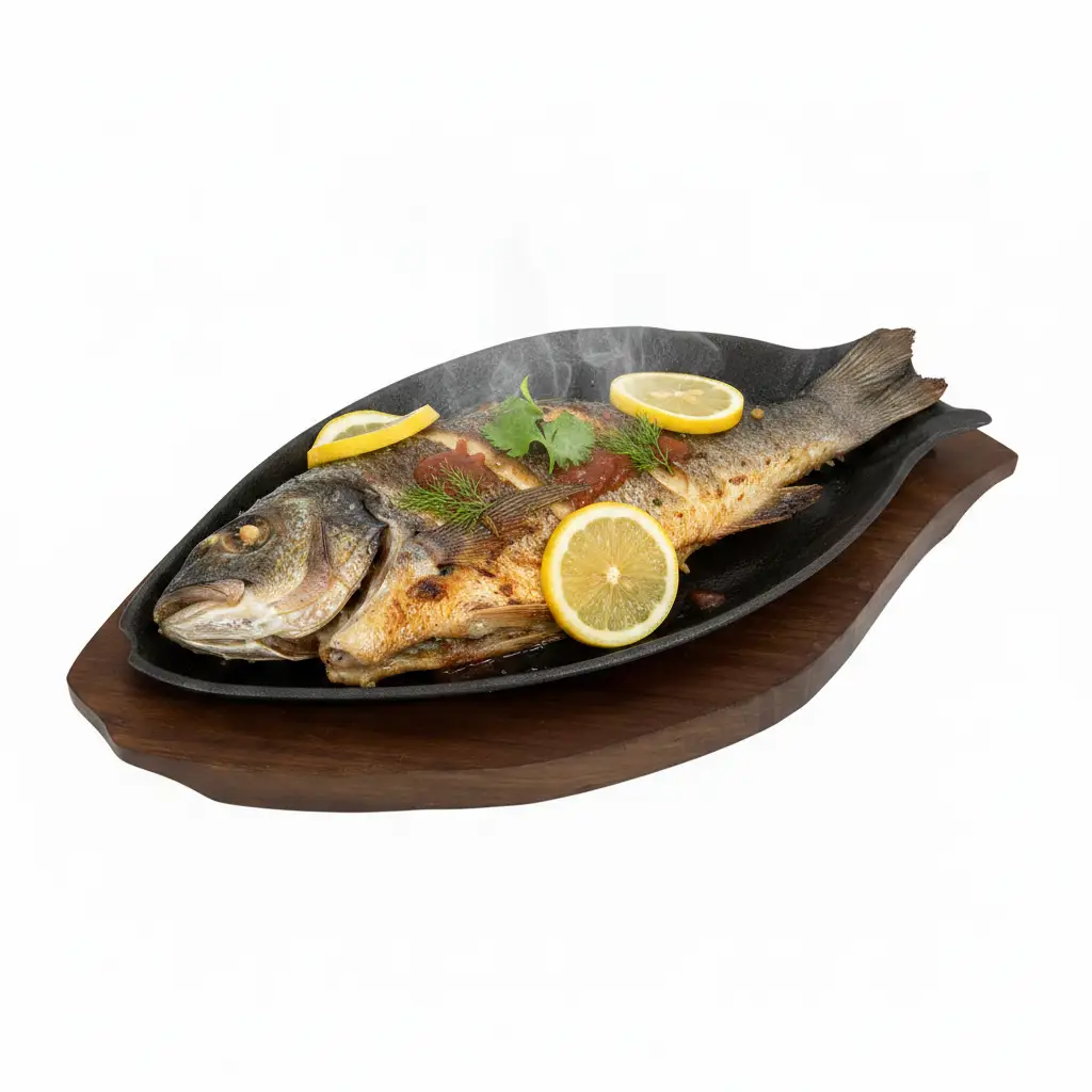 Iron Fish Sizzler Plate with Wood Liner by Nishi Enterprise Inc (sizzler-plate-iron-with-wood-liner)