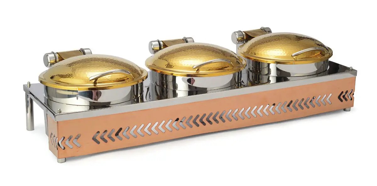 Stainless Steel Gold Hammered Round Chafers - 3 Chafers of 5 Qt. each