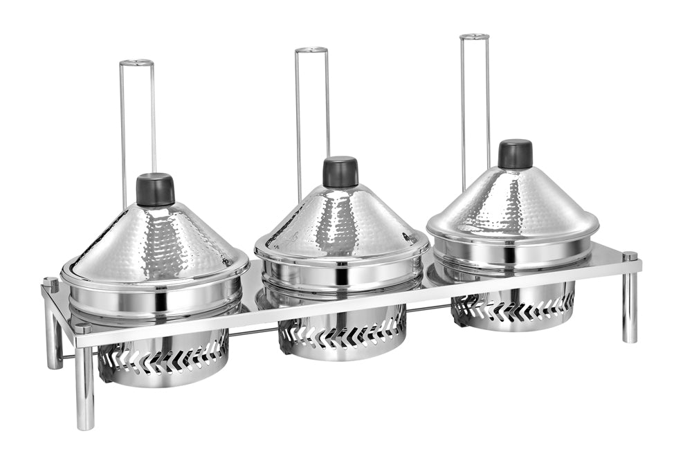 Stainless Steel Hammered Round Chafers with Conical Lids - 3 Chafers of 5 Qt. each