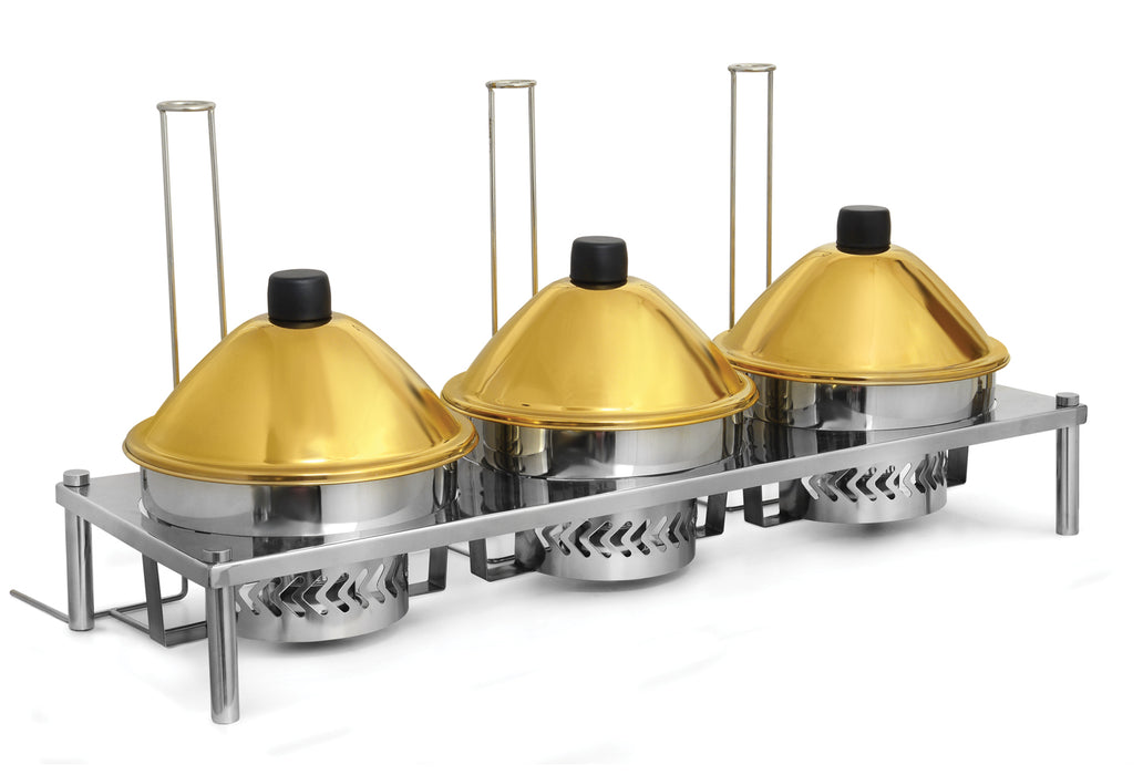 Stainless Steel Gold Round Chafers with Conical Lids - 3 Chafers of 5 Qt. each