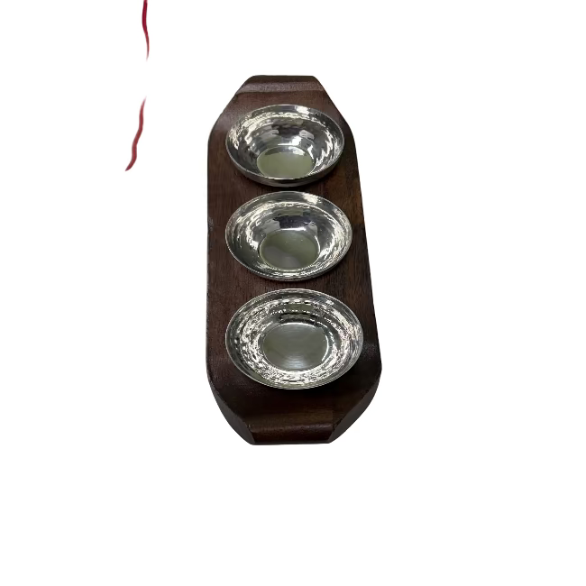 Pickle & Relish Three Bowls Set with Wooden Plate Stainless Steel