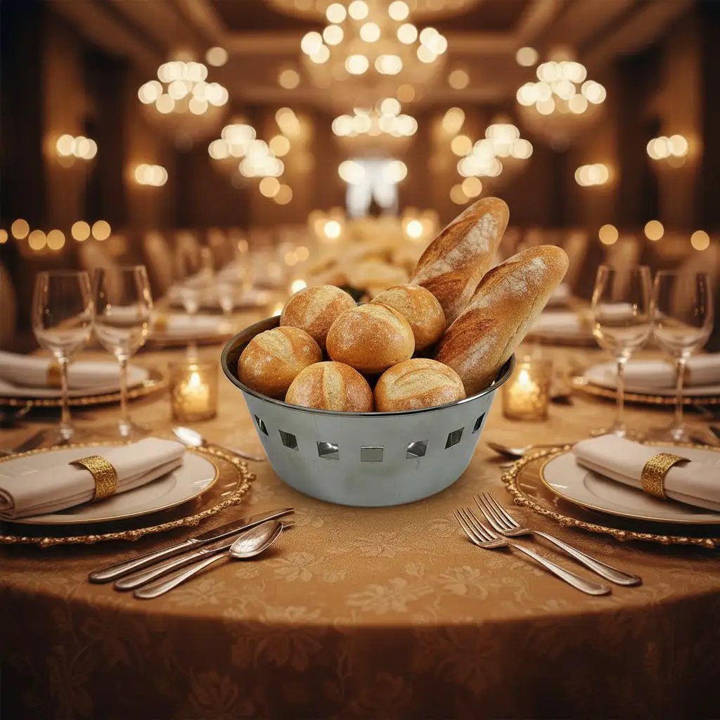 Stainless Steel Round Bread Basket with Items