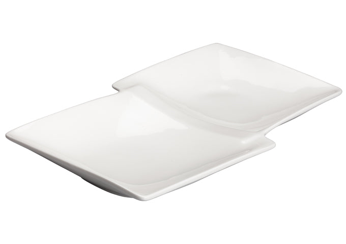Winco WDP017-109, Loures 13-7/8" x 8" Porcelain Duo Plate, Bright White, 12 pcs/case