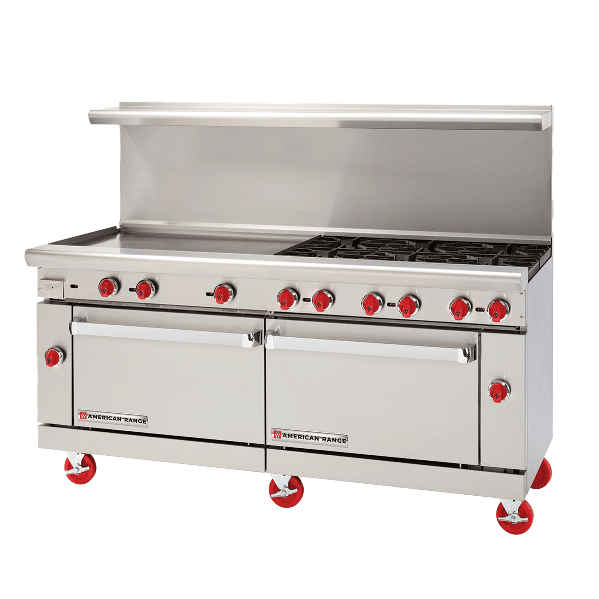 American Range AR-48G-4B-DSB 72" Gas Range, 4 Burners, 48" Griddle, (2) Storage Bases